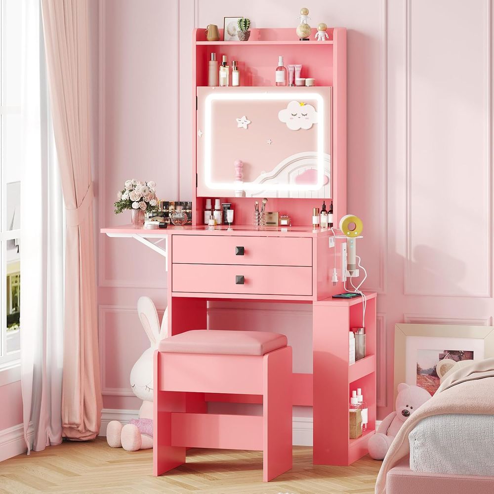 Desk Vanity Setup - Penteadeira Pequena Vabches com Painel Estilo