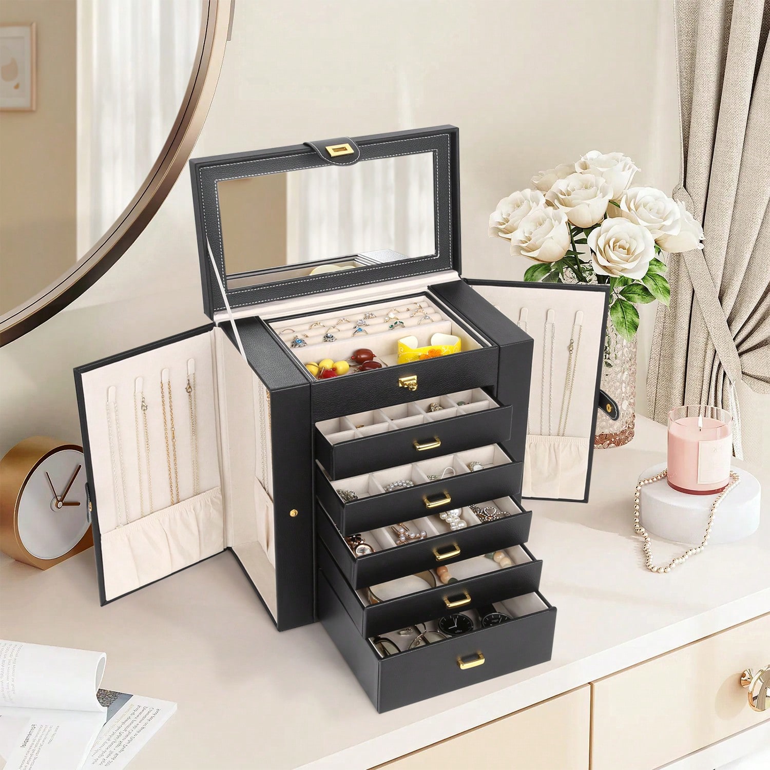 Drawer Organizer Bamboo - Caixa de Joias de Couro PU