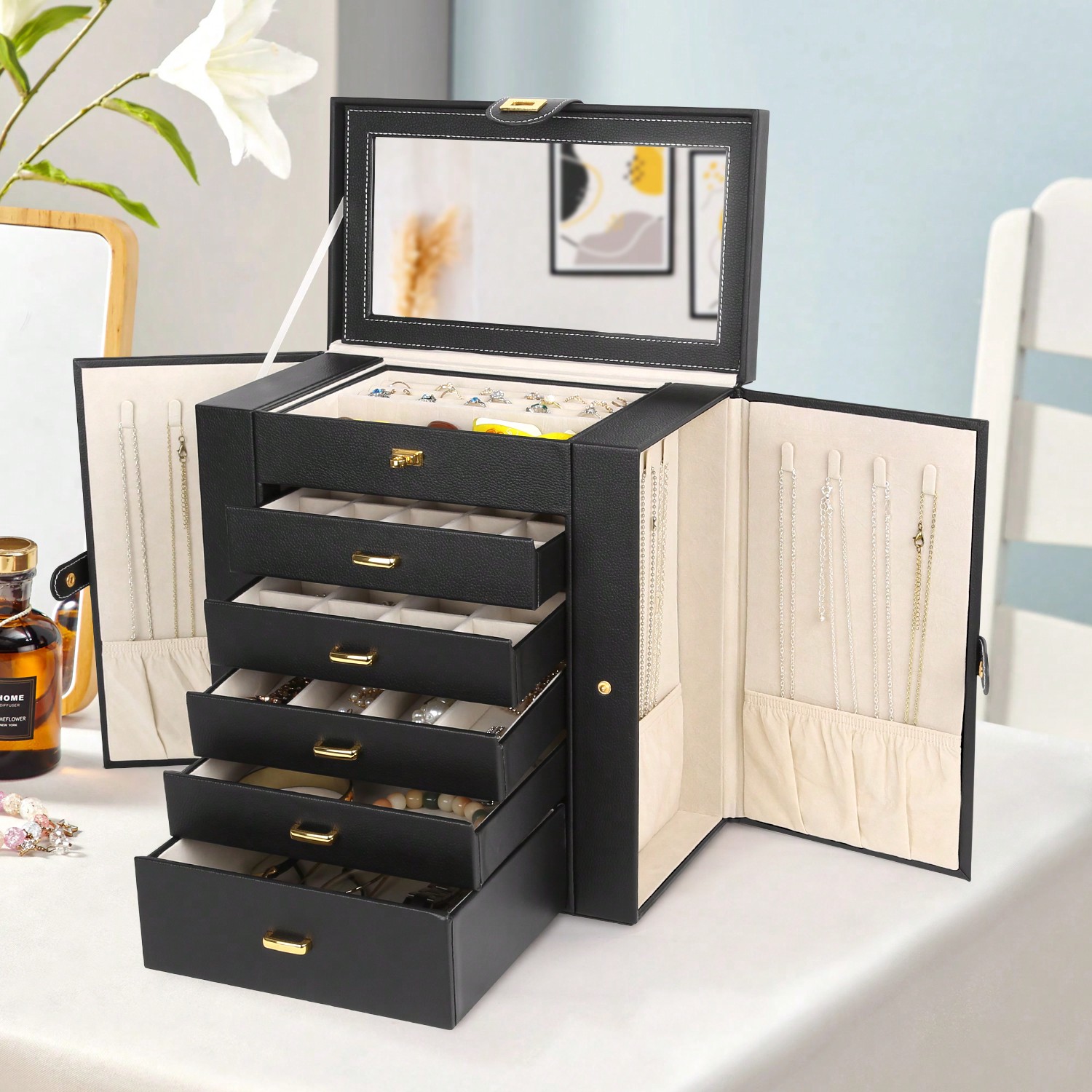 Caixa de Joias de Couro PU de  - Drawer Organizer Bamboo avaliação e preço