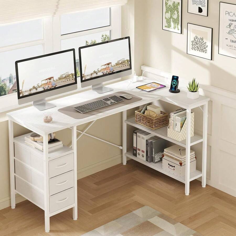 Mesa em L com prateleiras e ga - L Shaped Desk Setup avaliação e preço